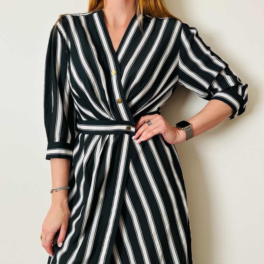 Sandro Carl Black and White Wrap Striped 3/4 Sleeve Midi Dress - Picture 6 of 15